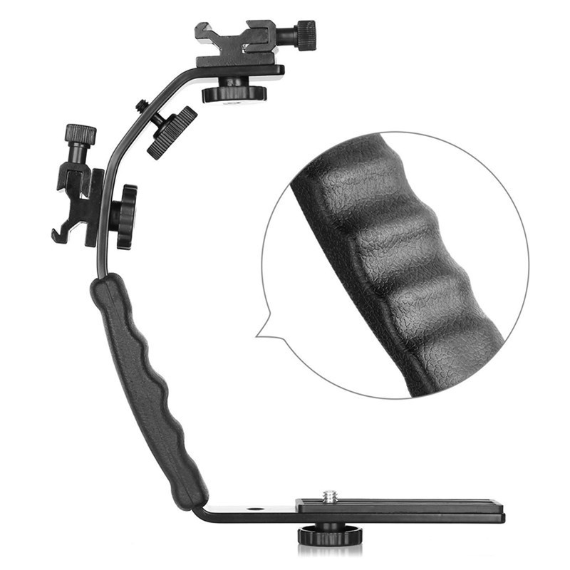 Universal Flash Camera Grip L Bracket with 2 Standard Side Hot Shoe Mount for Flash DSLR Video Light Camcorder Holder