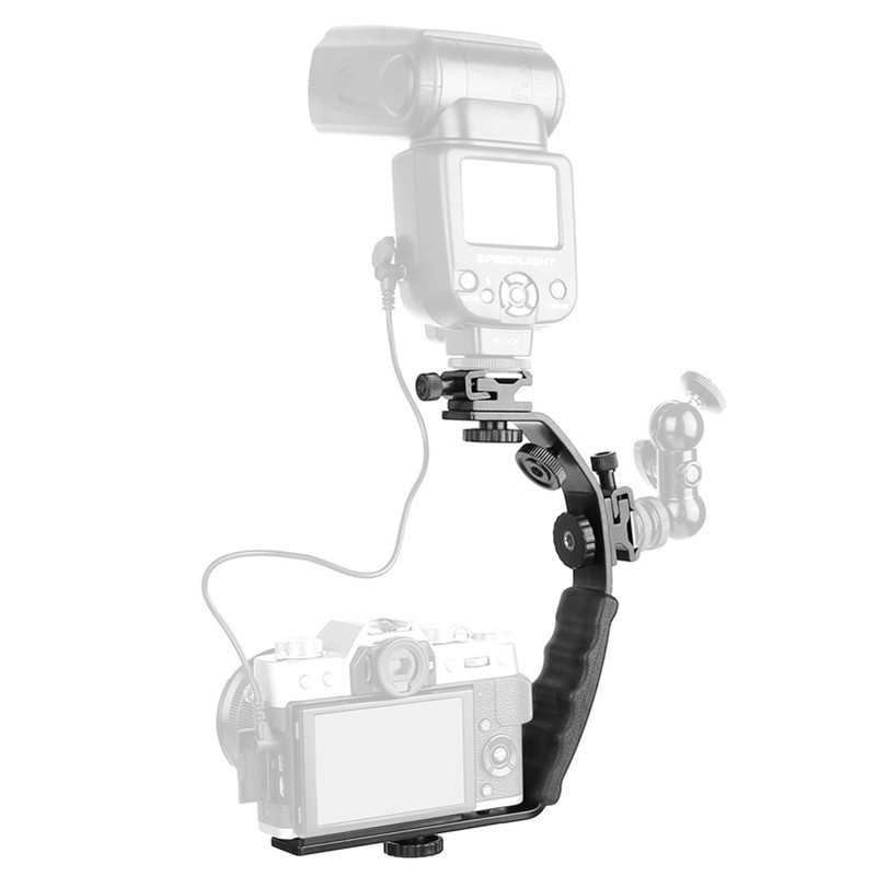 Universal Flash Camera Grip L Bracket with 2 Standard Side Hot Shoe Mount for Flash DSLR Video Light Camcorder Holder