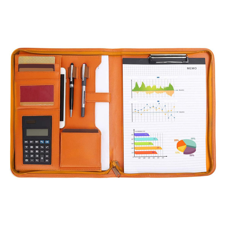 High Quality PU Leather Portfolio A4 Conference Folder with Calculator