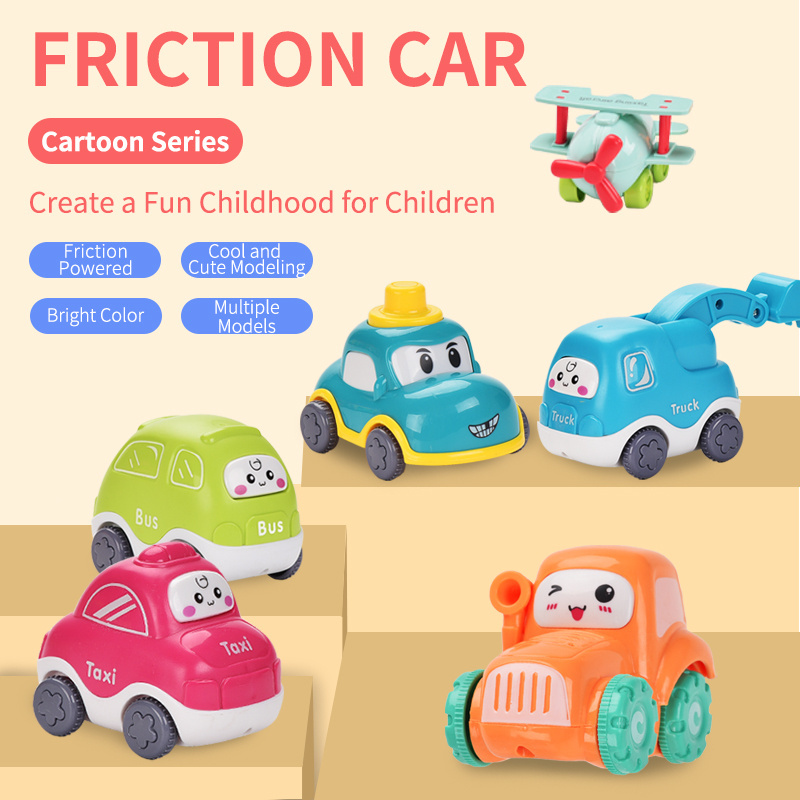 2019 Latest cute friction powered car plastic cartoon toys for kids mini models taxi bus truck