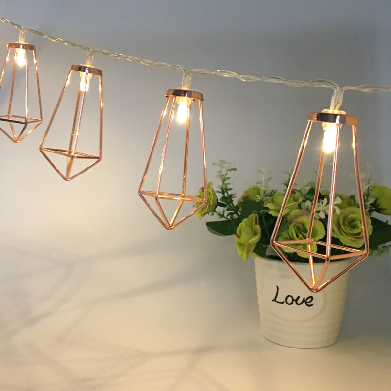 Boho LED Bedroom Fairy Battery Powered Rose Gold Metal Cage String Lights Wedding Party Indoor Patio Camping Lights