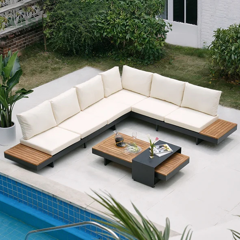 High End Hotel Modern L Shaped Teak Wood Sofa Patio Furniture Aluminum Outdoor Seating Luxury Garden Sofa Set Outdoor Sectional