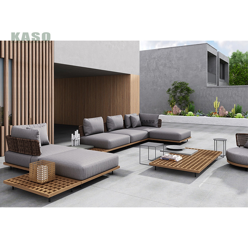 Modern Wooden Outdoor Couch Set Sectional Patio Furniture Sofa Garden Waterproof Lounge Wicker L Shape Teak Wood Outdoor Couch