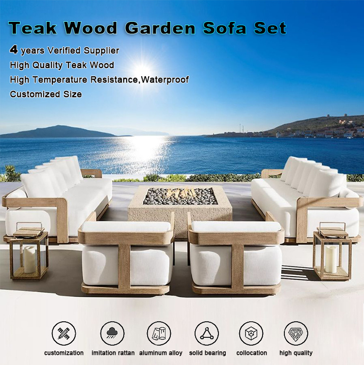 Wooden Sofa Set Patio Sectional Modular Modern Rattan Rope Couch Seating Loveseat Aluminum Teak Wood Outdoor Garden Furniture