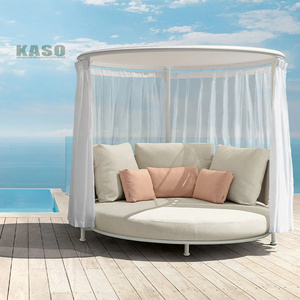 Outdoor White Canopy Pool Lounge Chair Wooden Hotel Luxury Teak Wood Cabana Aluminium Rattan Sun Lounger With Shade