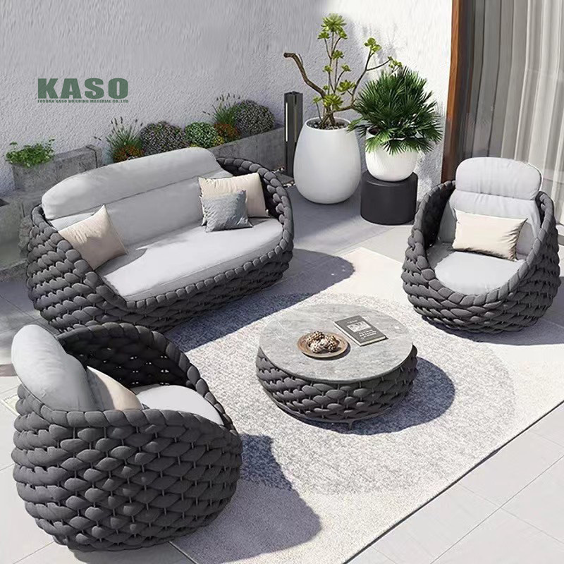 Hotel Poolside Leisure Modern Outdoor Teak Wood Woven Nordic Fire Pit Garden Sofa Set Rattan Aluminum Frame Rope Patio Furniture