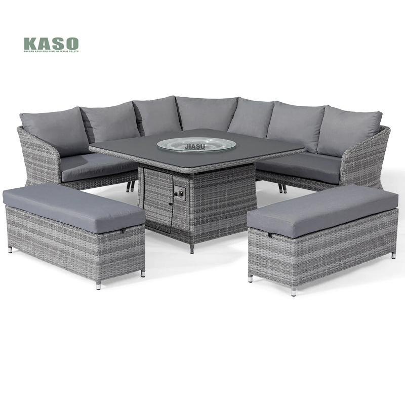 Modern Wicker Rattan Patio Sectional Furniture Fire Pit Relax Couch L Shaped Aluminum Metal Hotel Outdoor Garden Sofa Set