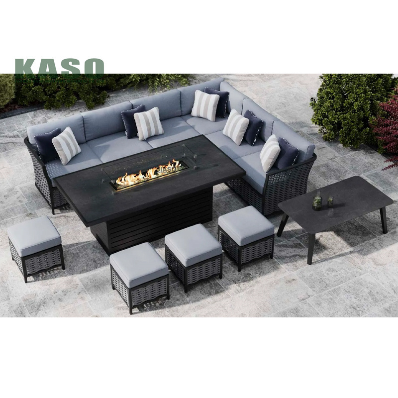 Outdoor Modern Metal 4 Piece Garden Set Luxury Resort All Season Wicker Grey Aluminum Rattan Patio Furniture Set With Fire Pit