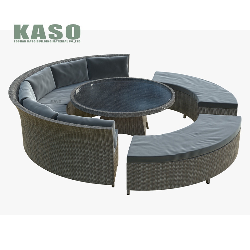 Waterproof Outdoor Wooden Cafe Patio All Season Semi Circle Sofa Small Wicker Weather Ratan Garden Furniture Set