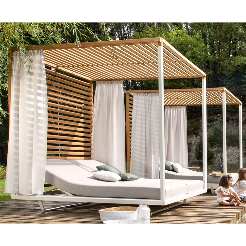 Outdoor White Canopy Pool Lounge Chair Wooden Hotel Luxury Teak Wood Cabana Aluminium Rattan Sun Lounger With Shade