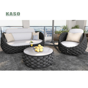 Hotel Poolside Leisure Modern Outdoor Teak Wood Woven Nordic Fire Pit Garden Sofa Set Rattan Aluminum Frame Rope Patio Furniture