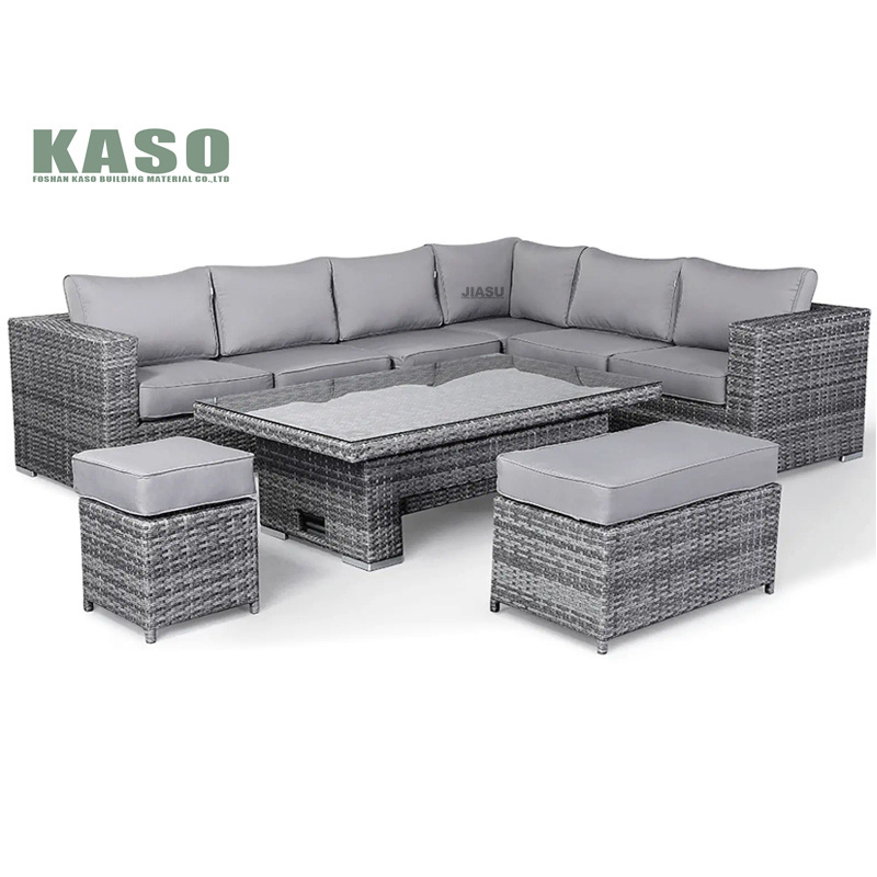 4 Pcs L Shape Corner Patio Furniture Garden Set Price Terrace Fire Pit Table Grey Cane Synthetic Wicker Outdoor Rattan Sofa Set