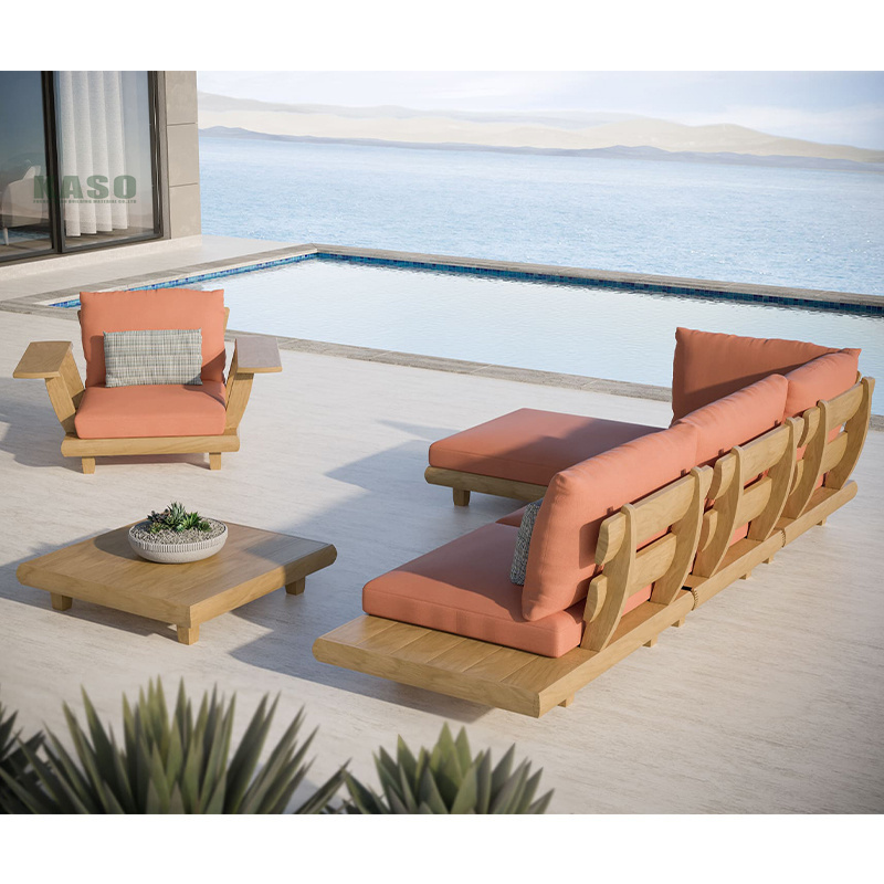 Modern Patio Furniture Sofa Sectional Garden Teak Wood Modern Waterproof Lounge L Shape Corner Square Outdoor Couch Set