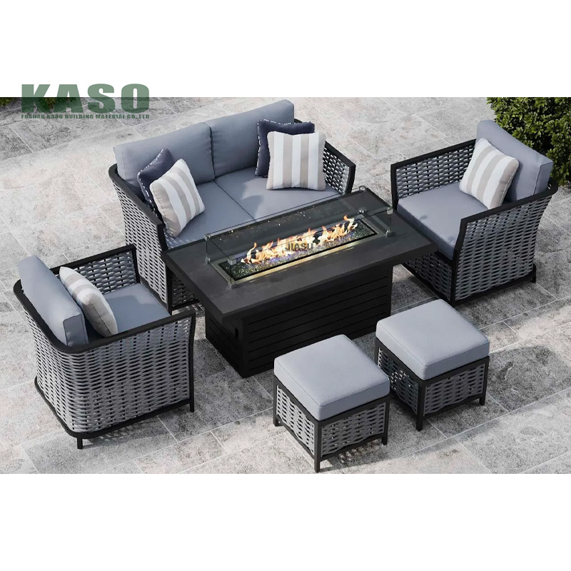 Outdoor Modern Metal Alu Wicker Patio Furniture Aluminum Steel Modular Hotels L Shaped Pe Rattan Garden Sofa Set With Fire Pit