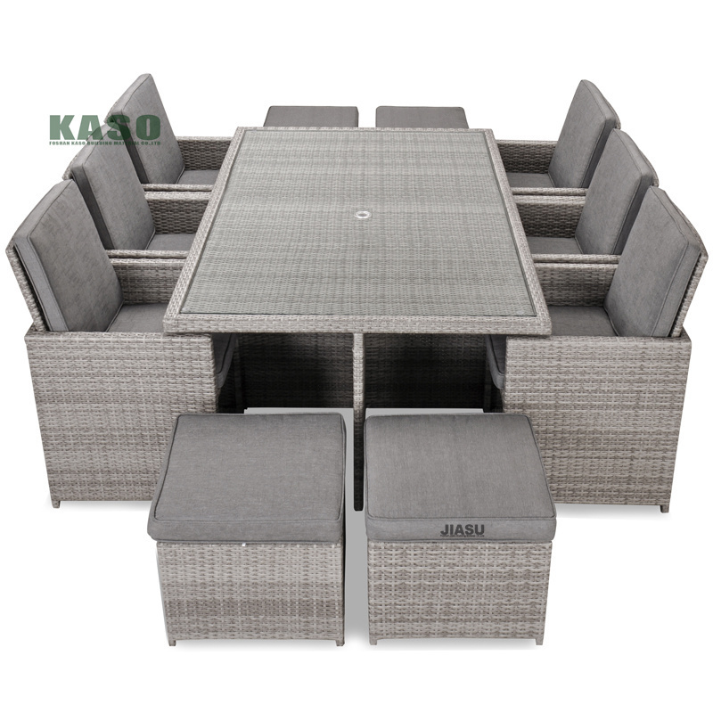 11 Seats Cube Rattan Outdoor Wicker Sofa Garden Furniture Dining Room Sets With Tempered Glass Table