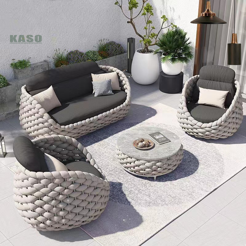 Patio Garden Furniture Couch Luxury Lounge Balcony Metal Weaving Woven Sectional Modern Aluminum Rope Outdoor Sofa Set