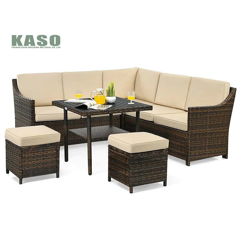 4 Pcs L Shape Corner Patio Furniture Garden Set Price Terrace Fire Pit Table Grey Cane Synthetic Wicker Outdoor Rattan Sofa Set