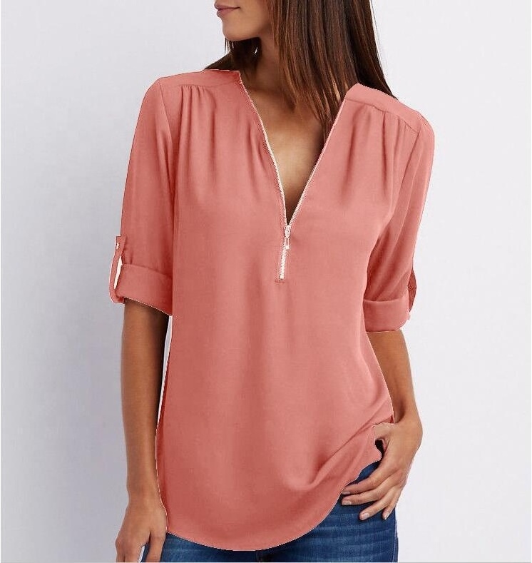 V-neck Zipper Plus Size Women's Long Sleeve Loose Sleeve Chiffon Blouse Shirt