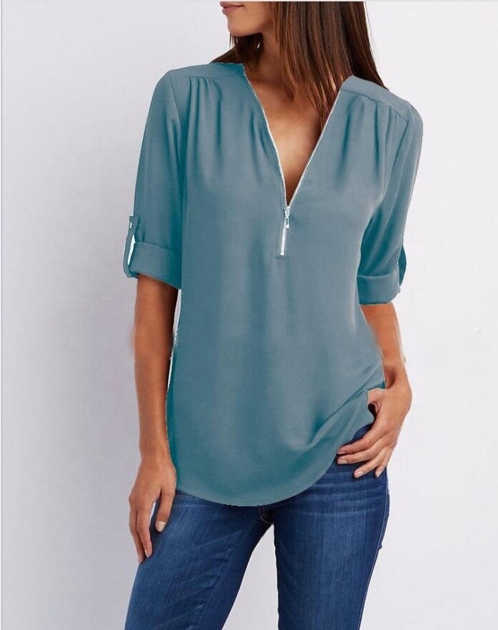 V-neck Zipper Plus Size Women's Long Sleeve Loose Sleeve Chiffon Blouse Shirt