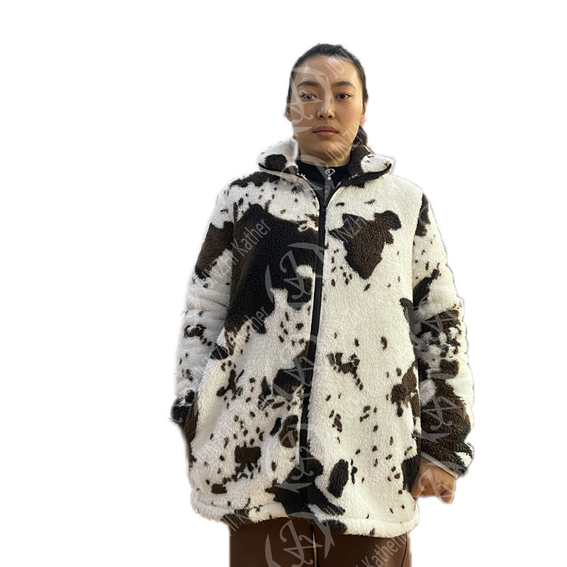 JUNZHI KATHERINE Women Sherpa Fleece Print Cow Jacket