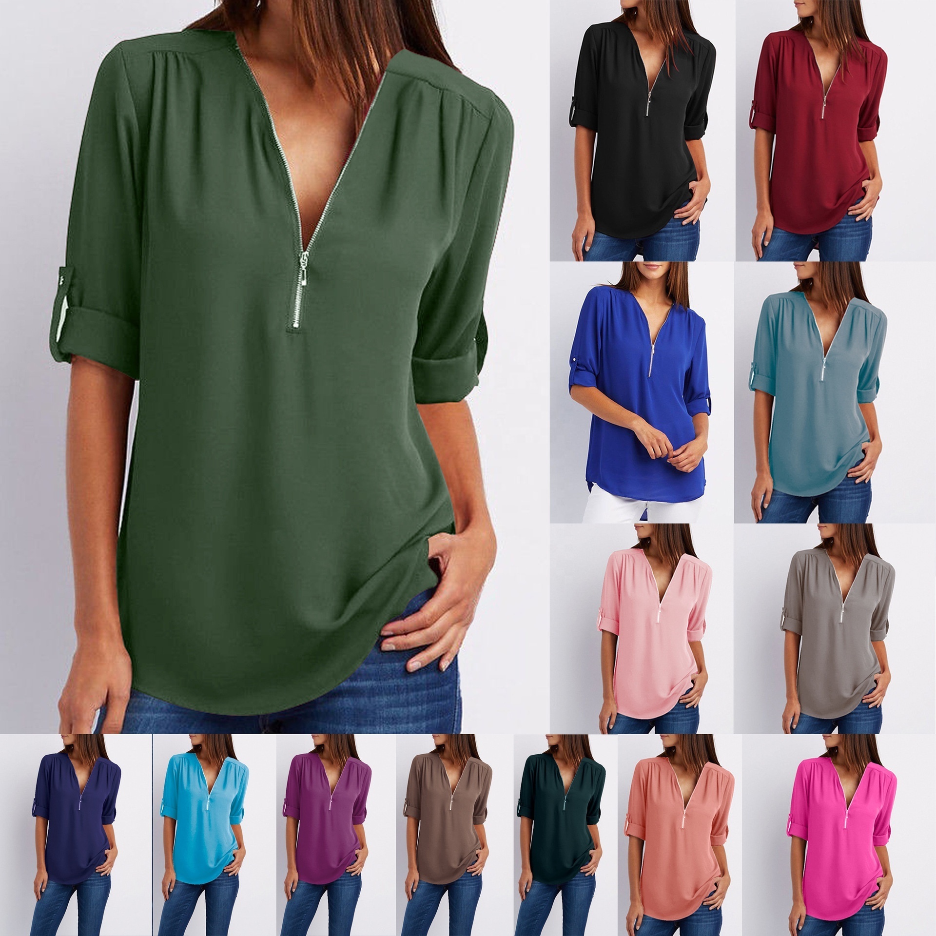 V-neck Zipper Plus Size Women's Long Sleeve Loose Sleeve Chiffon Blouse Shirt