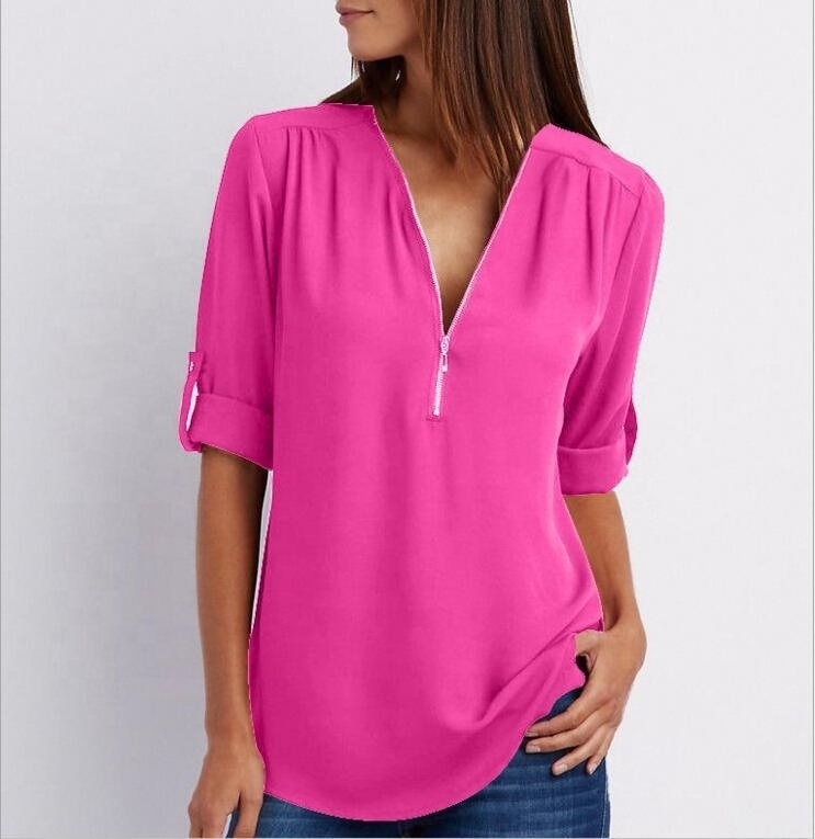 V-neck Zipper Plus Size Women's Long Sleeve Loose Sleeve Chiffon Blouse Shirt