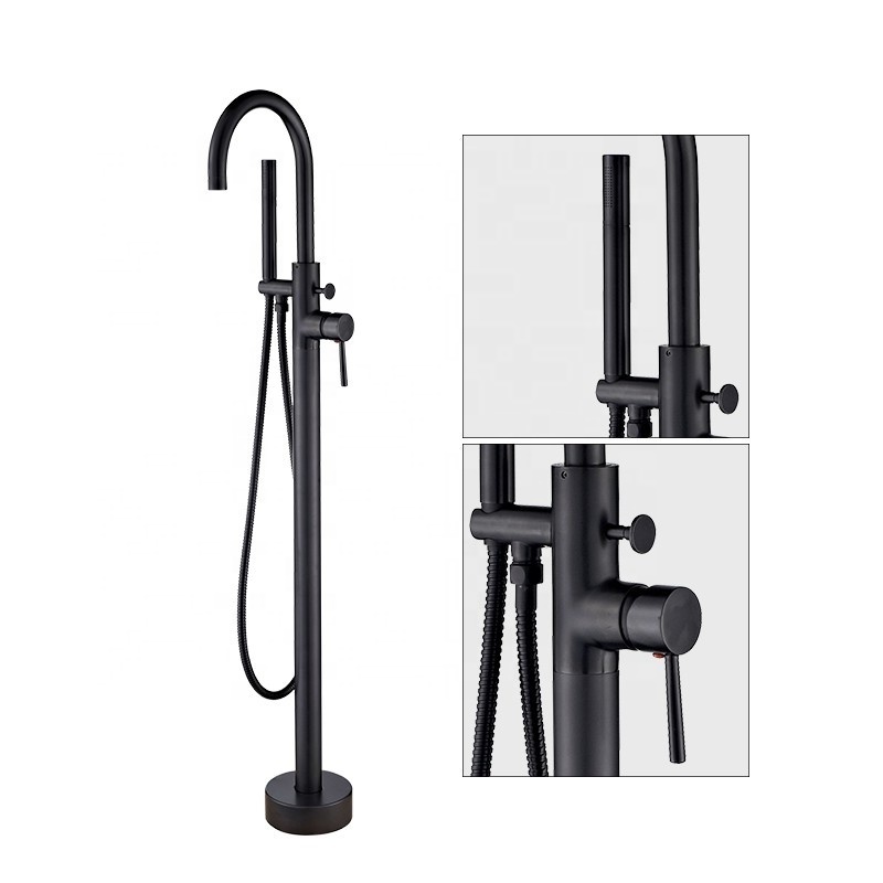 Matte Black Floor Mounted Tub Faucet Freestanding Bathtub Filler Faucets High Flow with Hand Shower Mount