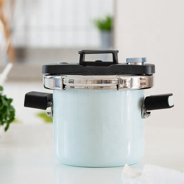 Beige 1-3 Person Mini Size Enamel Stainless Steel Pressure Cooker with Sauce Pan Lid All Stoves Available Stocked Feature