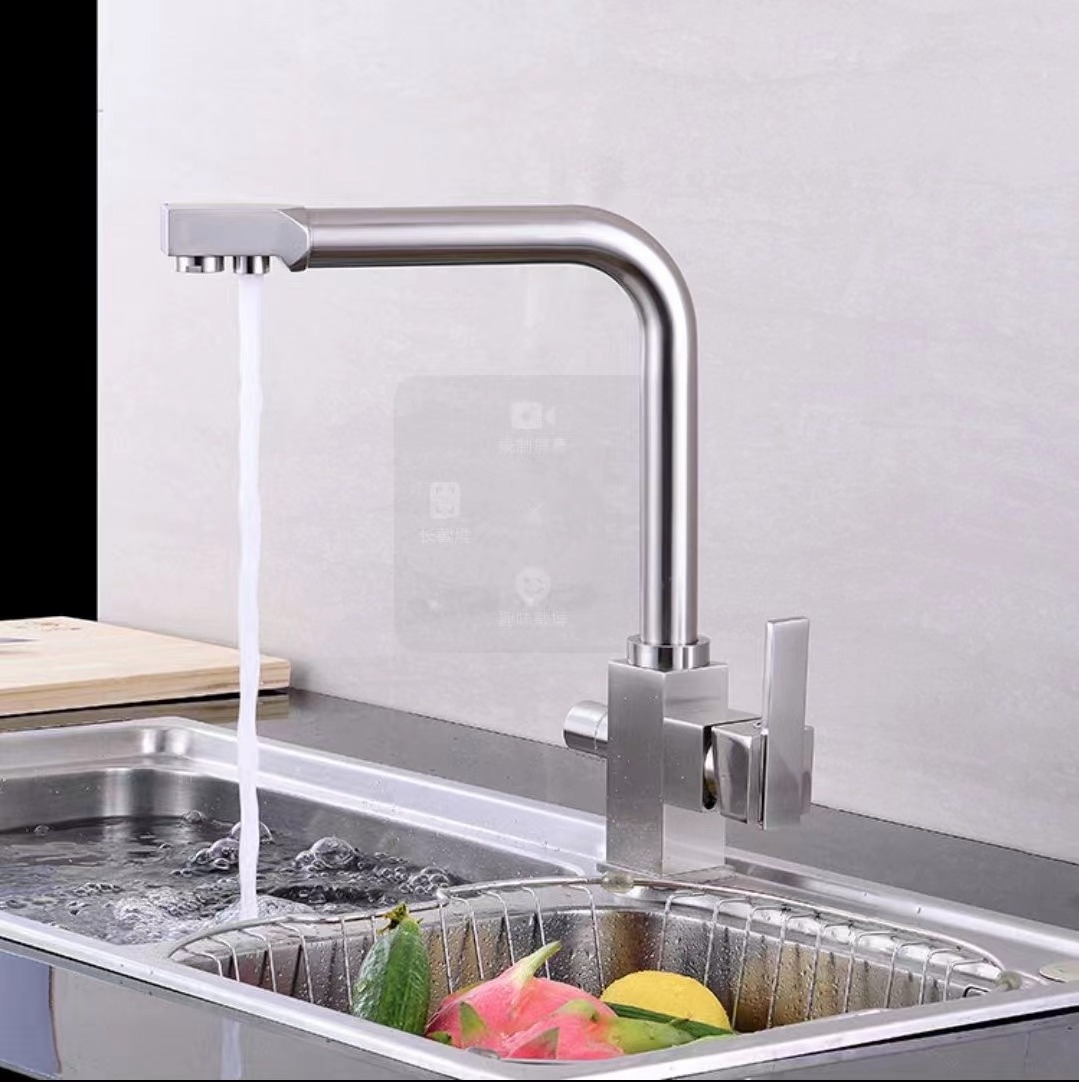 KAWAL Modern Stainless Steel Deck Mounted Kitchen Faucet 3-Function Double Handle Hot Cold Water Brass Ceramic Kitchen Use