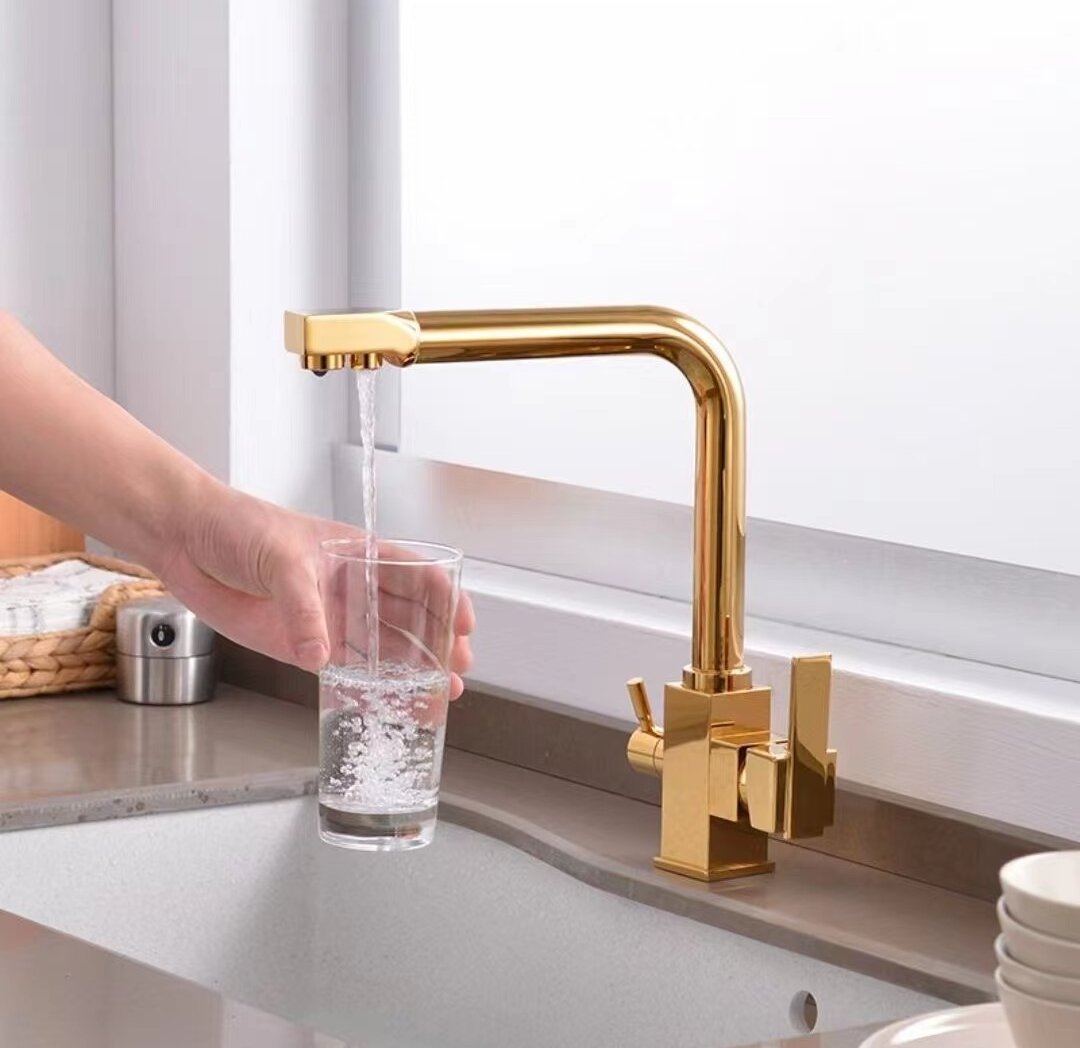 KAWAL Rose Gold Three-in-One Water Purification Kitchen Faucet Practical Deck Mounted Sink with Single Handle Ceramic Valve Core