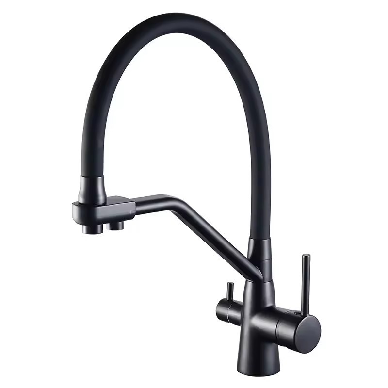 KAWAL Modern Double Handle Kitchen Faucet Pull-Out Hot & Cold Water Brass Deck Installation for Easy Use Ceramic Valve Core