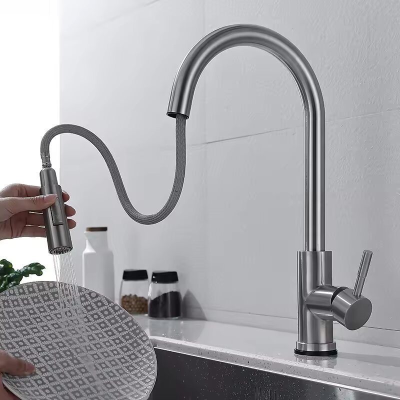 KAWAL Single-Hole Mount Kitchen Faucet Modern 304 Stainless Steel Pull Spray Ceramic Hot Cold Mix Sensor Touch Sink Faucet Black