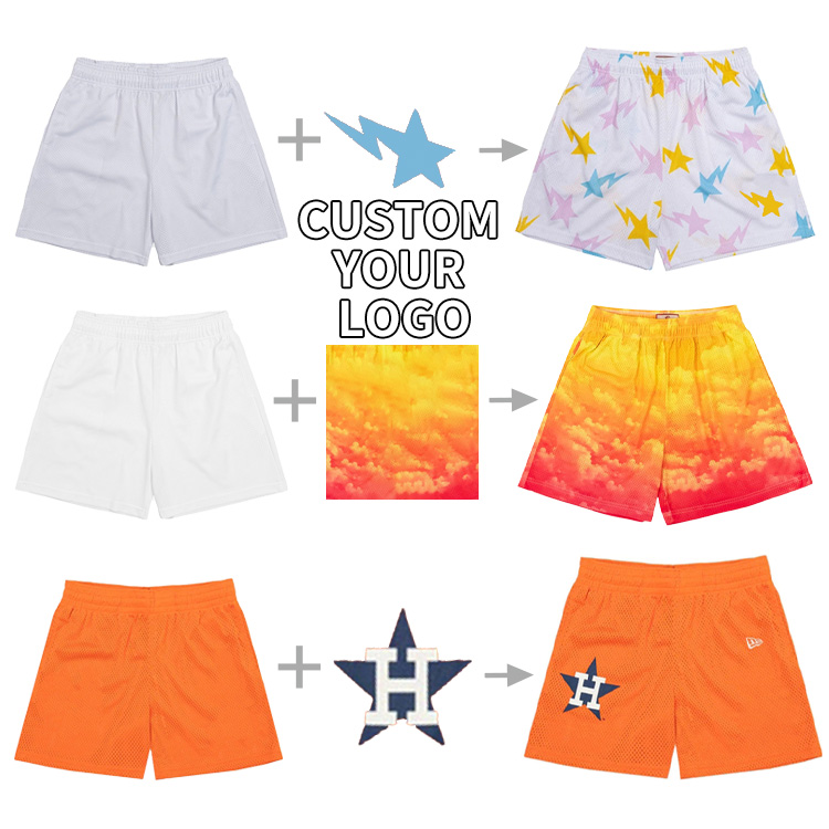 Multi Color Custom Sublimation Print Embroidery Logo Basketball Shorts High Street Mesh Shorts Above Knee Men Shorts