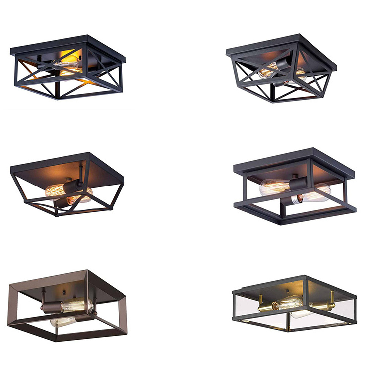 Industrial 2-Light Metal Square Farmhouse Industrial Black Metal Lamps Flush Mount Ceiling Light for Living Room Hallway