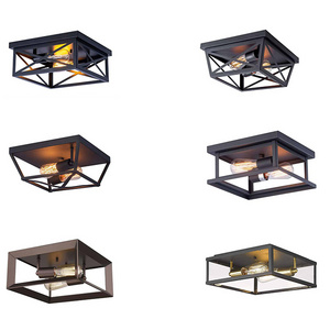 Industrial 2-Light Metal Square Farmhouse Industrial Black Metal Lamps Flush Mount Ceiling Light for Living Room Hallway