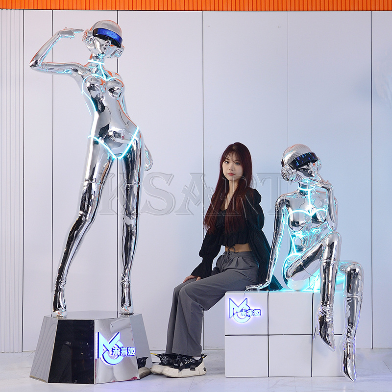 Polished Mirror Surface Sexy Robot Life Size Fiberglass Giant Statue Resin Sculpture Decorations Crafts Custom  Statue Resin