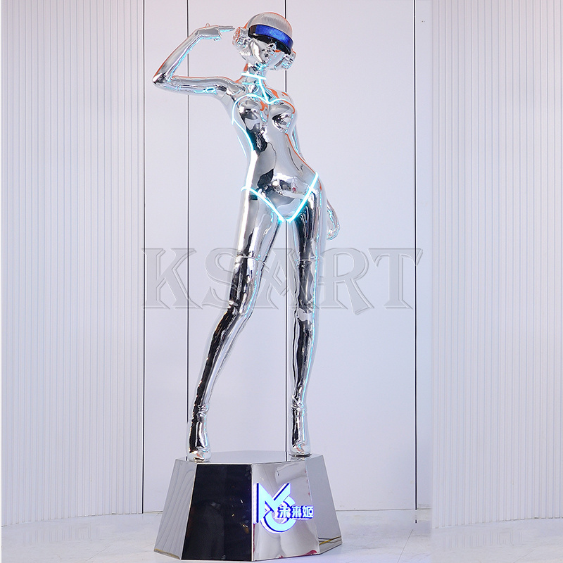 Polished Mirror Surface Sexy Robot Life Size Fiberglass Giant Statue Resin Sculpture Decorations Crafts Custom  Statue Resin