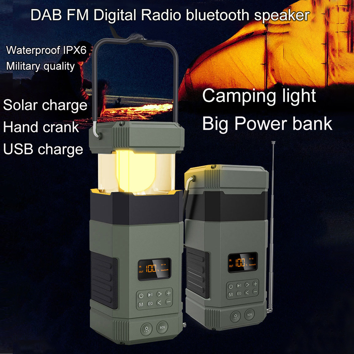 New ufo rechargeable speaker radio power bank sos alarm chargeable camping speaker light Christmas camp night light