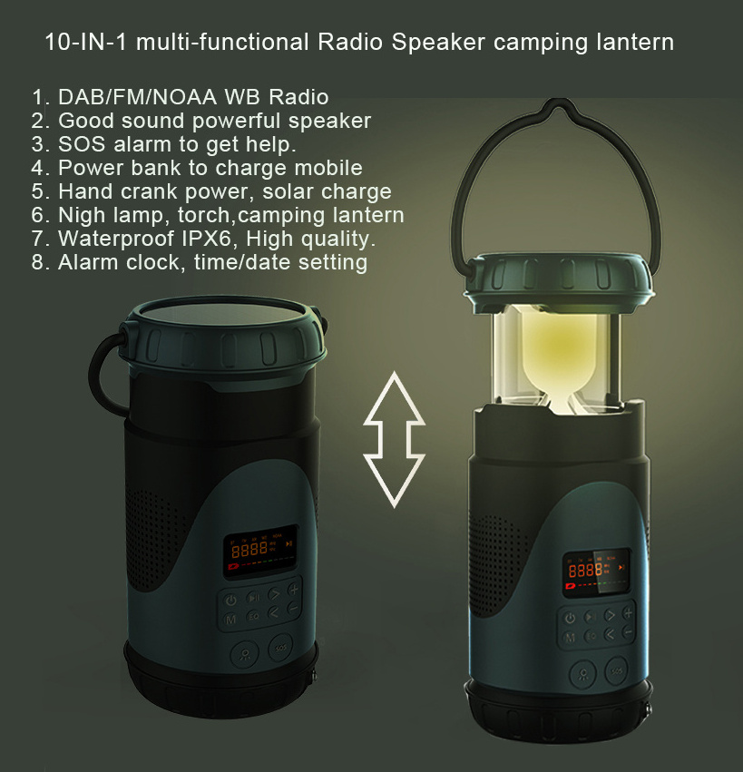 2023 multifunction emergency perfect sound radio speaker camping light lantern Outdoor hand crank solar speaker with light