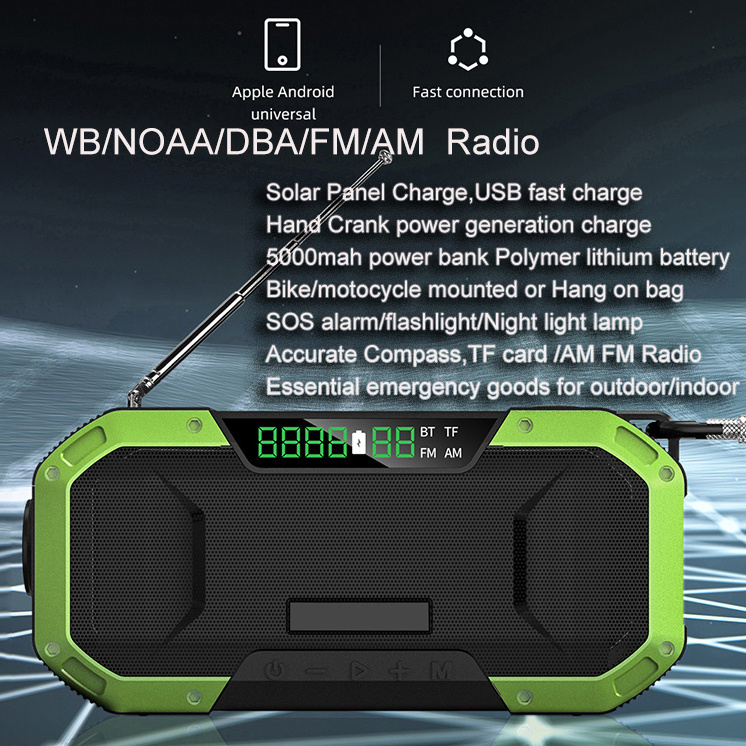 Emergency Weather Radio weather broadcast Bt Speaker Radios Con Pantalla Ram Wb Radio With Solar/Usb/Hand Crank Charge