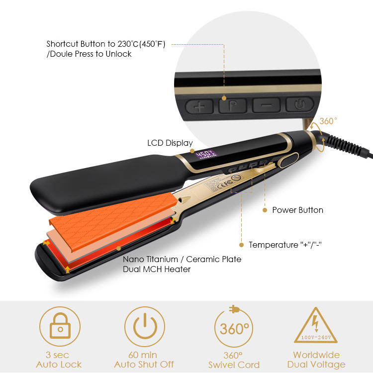 New 2 In 1 Flat Iron Curler Golden Professional Dual Voltage Tourmaline Ionic Ceramic Hair Straightener