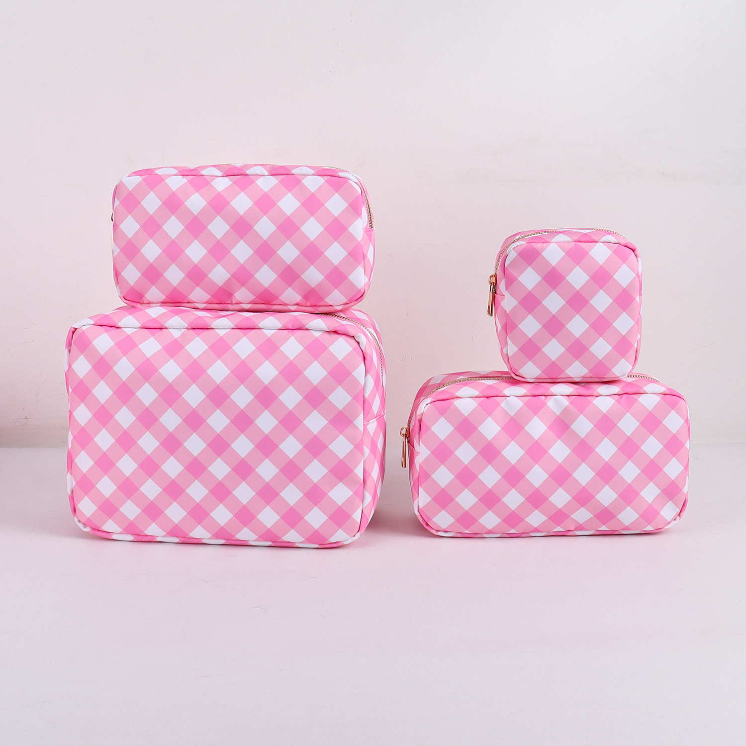 Wholesale 4 sizes Custom Logo Multi Colors Nylon Checkered Fabric Travel Cosmetic Bag Waterproof Women Nylon Makeup Pouch Bags