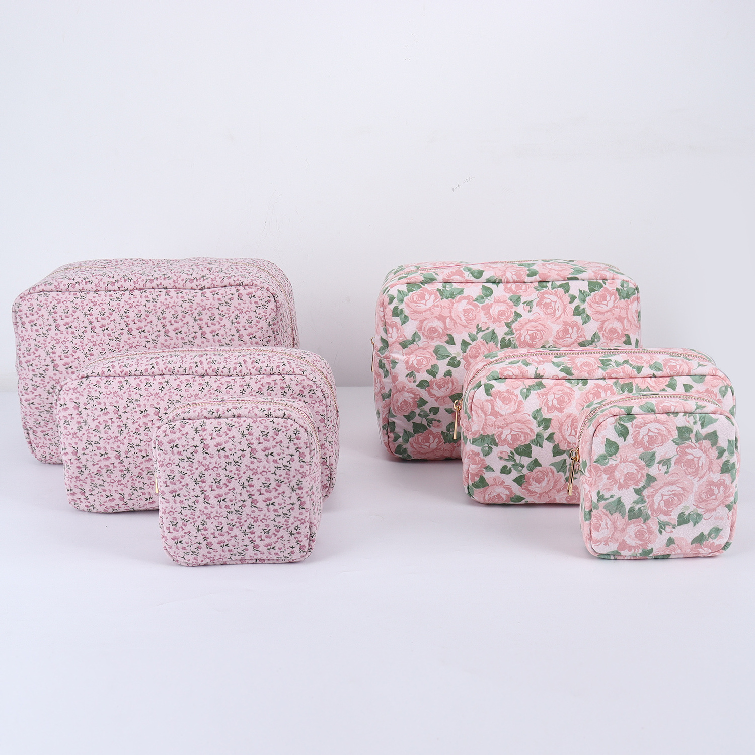 Portable 4 Size Travel Set Storage Bag New Cute Flower Printed Women Makeup Bags Cosmetic Bag Floral Puffy Quilted Cotton Pouch