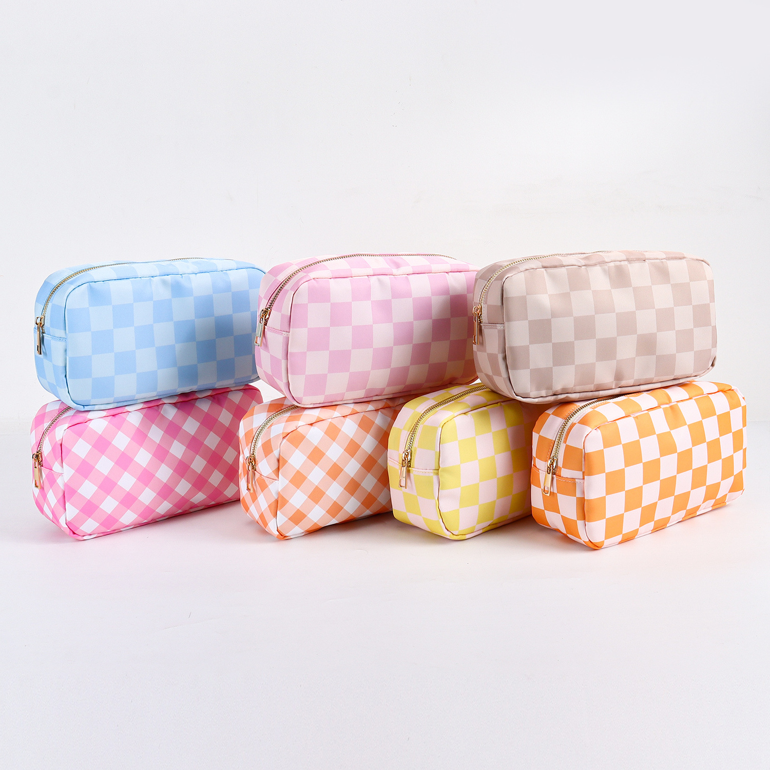 Wholesale 4 sizes Custom Logo Multi Colors Nylon Checkered Fabric Travel Cosmetic Bag Waterproof Women Nylon Makeup Pouch Bags