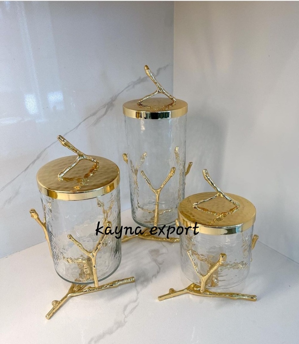 MOST SELLING ONLINE GOLD PLATTED LEAF DESIGN CUSTOM MADE MARBLE LID CANISTER  FOR COOKIES AND CANDY JAR