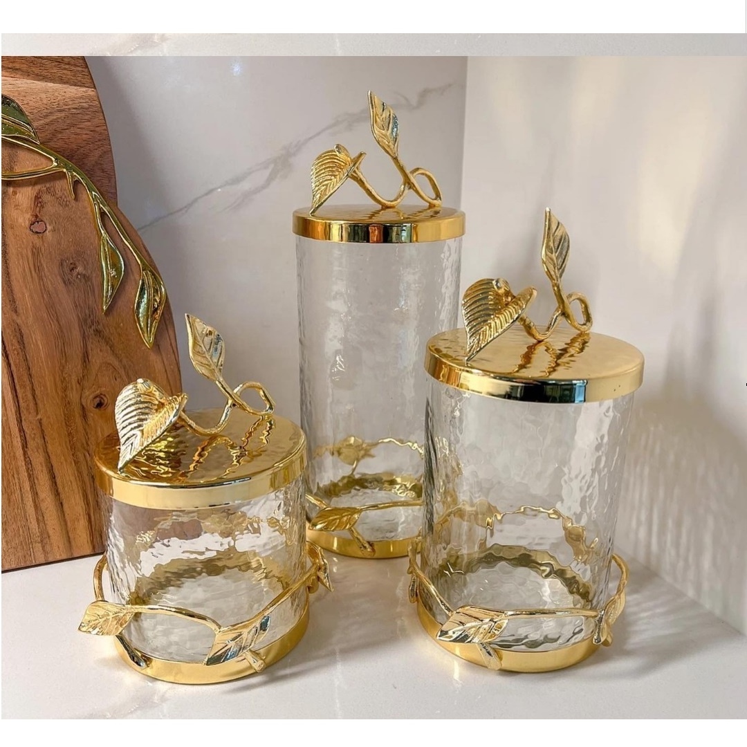 NEW COLLECTION LUXURY DECORATIVE HAMMERED  GLASS GOLD LEAF DESIGN FANCY CANISTER SET FOR CHOCOLATE CANDY AND COOKIES STORAGE JAR