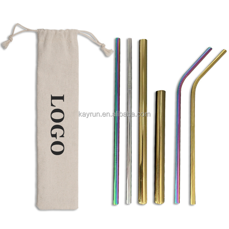 Wholesale Customized logo 6mm 8mm 12mm Reusable Metal straw 304 Stainless Steel Drinking Straws set with Brush