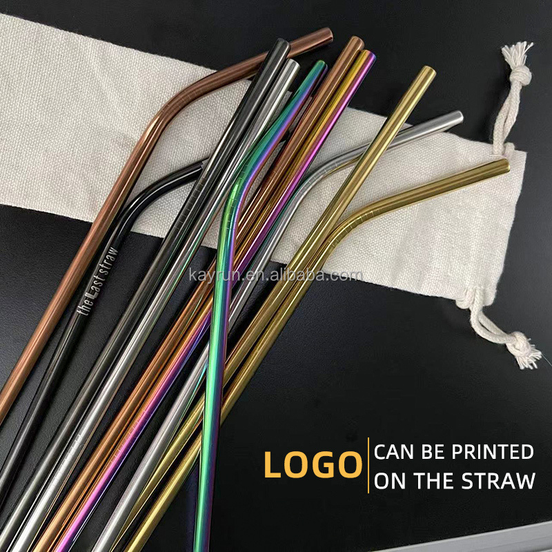 Wholesale Customized logo 6mm 8mm 12mm Reusable Metal straw 304 Stainless Steel Drinking Straws set with Brush