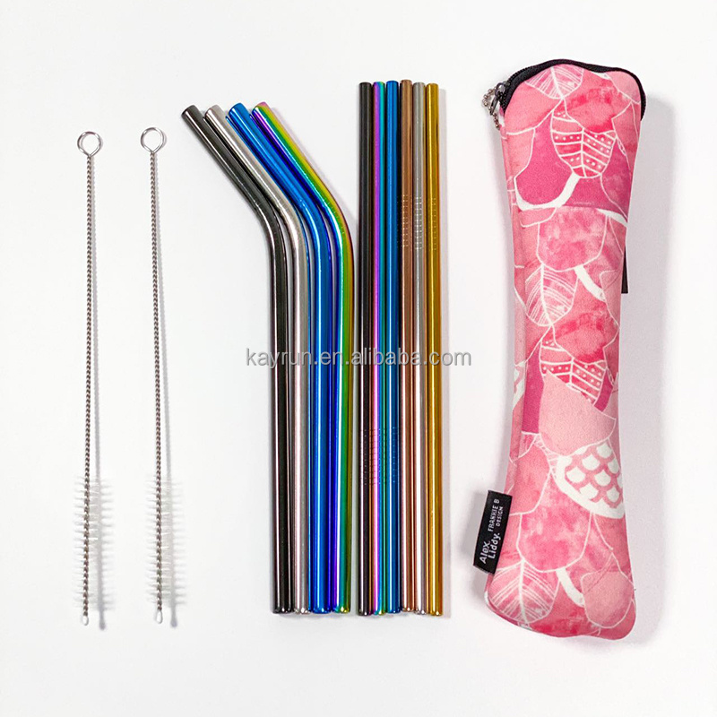 Wholesale Customized logo 6mm 8mm 12mm Reusable Metal straw 304 Stainless Steel Drinking Straws set with Brush