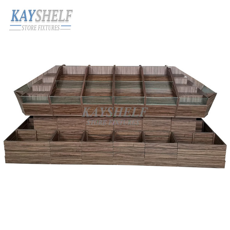 Supermarket Store Retail Shelves Plywood Multilayer Wooden Board Fruit and Vegetable Display Stand Rack